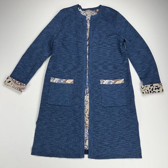 Chico's Heathered Blue Long Cardigan Leopard & Paisley Trim Chico's Size 1 (M/8) - Picture 2 of 14